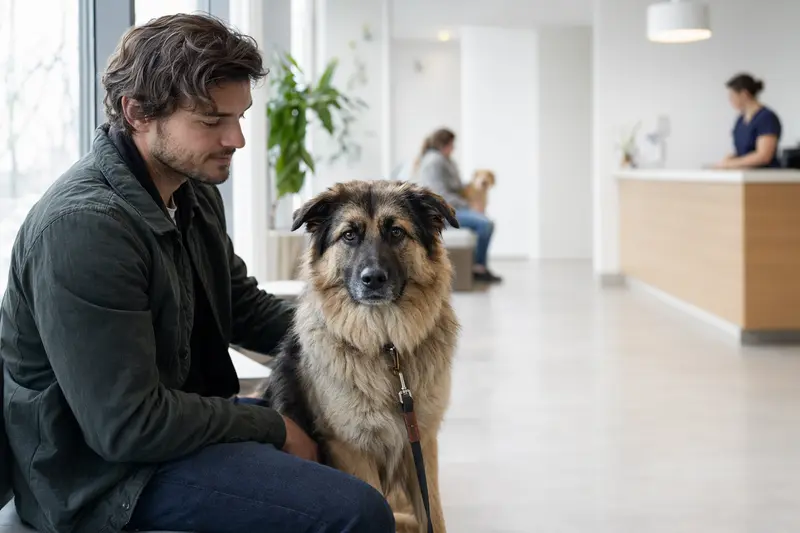 Ein Karakatschan Hund sitzt ruhig neben seinem Besitzer im hellen Wartezimmer einer modernen Tierarztpraxis.